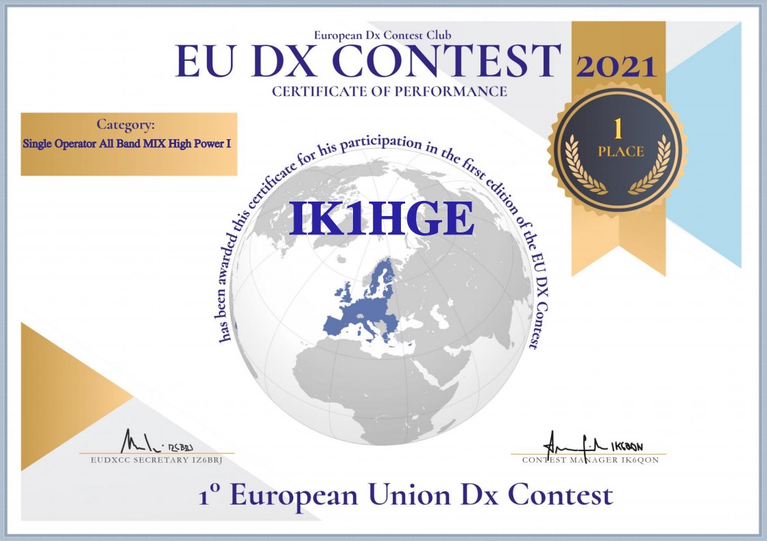 Certificato IK1HGE primo classificato EU-DX contest categoria SO HP MIX