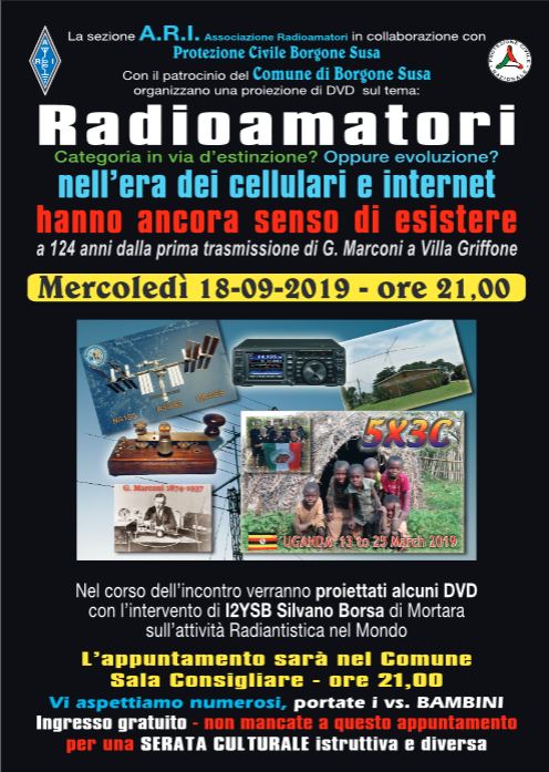 Locandina serata a tema Radioamatori, Borgone di Susa (TO) 18/9/2019