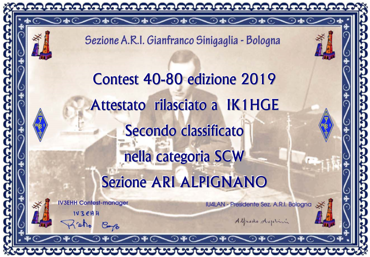 IK1HGE, attestato 2° classificato contest ARI 40/80 2021 (Singolo Operatore)