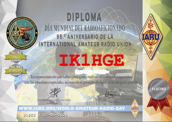 Diploma 95° anniversario della IARU